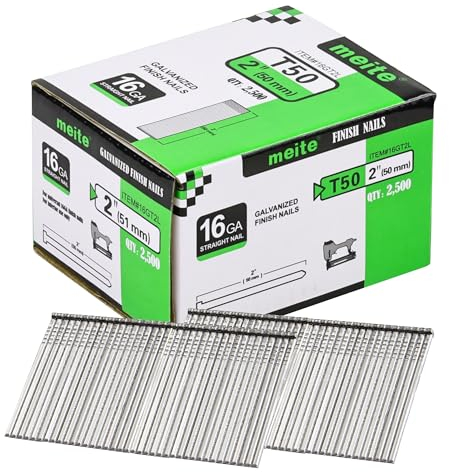 meite T50 16 Gauge Straight Finish Nails 50mm Length Galvanised Brad Nails for Nail Guns - Ideal for Woodworking, Upholstery, and Framing Projects (2,500 Pieces)