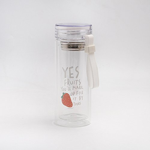 Aeromdale tragbare Glas-Wasserflasche, 500 ml, Obst-Style, Kaffee-Tee-Ei, doppelwandiger Sport-Wasserbecher mit Teefilter, weiß, nützliches Gadget
