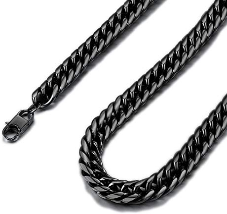 FindChic Halskette Herren Schwarz 9mm Massiv Panzerkette 55cm lang Geliederkette Punk Cuban Chain mit Geschenkebox für Männer Jungen