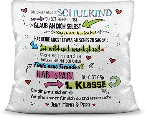 Kuschel-Kissen mit Spruch inkl. Füllung für Kinder zur Einschulung - Für unser Schulkind - Bestes Einschulungsgeschenk/Geschenkidee Schulstart/Geschenk zum Schulbeginn - Kissen Weiß - flauschig