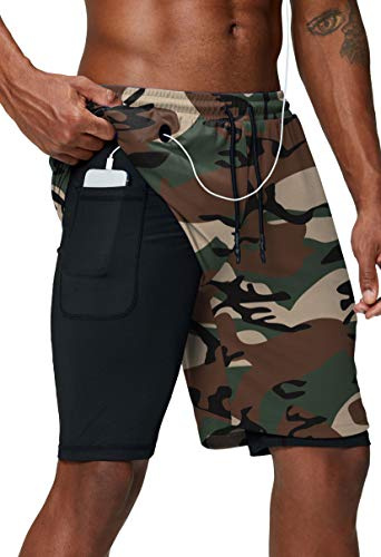 Pinkbomb Men's 2 in 1 Running Shorts Gym Workout Quick Dry Mens Shorts with Phone Pocket, Green Camo, Large