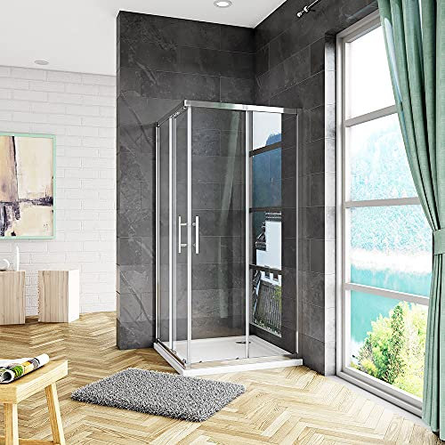 Acezanble 700x700x1850mm Corner Entry Shower Enclosure Sliding Doors Cubicle with 700x700x30mm Stone Tray and Waste