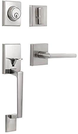 GUA OYH Front Door Handleset Satin Nickel Front Door Handle with Handle Lever Door Handle Sets Front Door Lock Set Handleset with Single Cylinder Deadbolt Door Handles for Front Door or Office Door