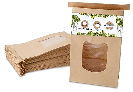 Blockbodenbeutel Größe L mit Fenster und Clipband biologisch abbaubar 400 Stk. I Papiertüten aus Kraftpapier mit Sichtfenster und Beschichtung aus PLA-Folie I Kekstüten Gebäcktüten uvm.