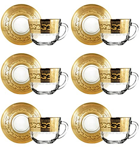 Elegant Tea Set for Adults for 6 People Modern Yellow Gold Decor Ornament/Tea Cups and Saucers - 6pcs/ Luxury Gift Set for Women, Men, Mum, Grandma, Nan, Birthday, Wedding (Gold Classic Deocr)