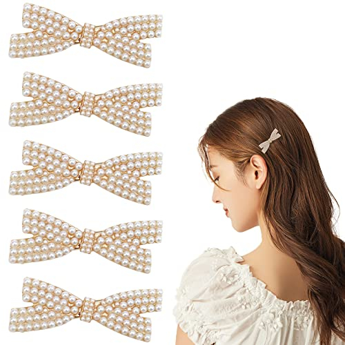 Lot de 5 pinces à cheveux en forme de bec de canard avec nœud en perles – Épingles à cheveux élégantes en métal doré – Cadeaux pour petites filles et femmes
