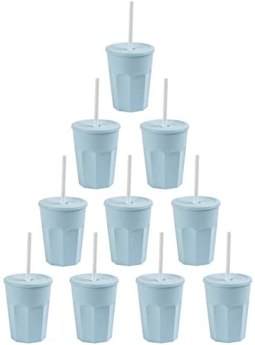 10 vasos de plástico con tapa y pajita, vasos de plástico, 0,25 L, color azul claro