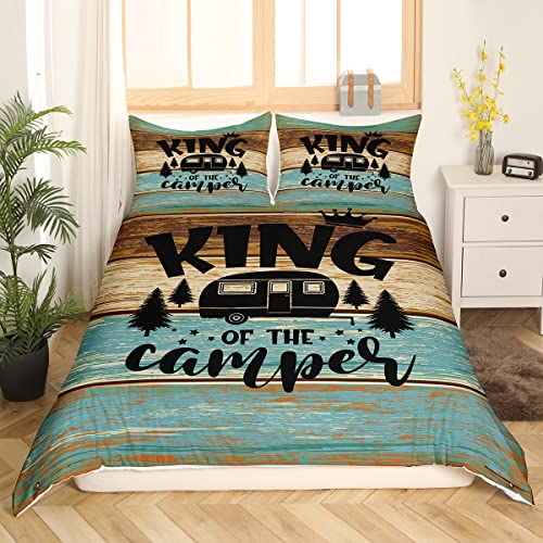 Camper Bettwäsche Set 135 x 200 Teenager Kinder Happy Camping Bettbezug rustikaler Bauernhaus Bettbezug für Jungen Mädchen Jugend Schlafzimmer Dekor alte Scheunentor Skizze Zeichnung Bettwäsche