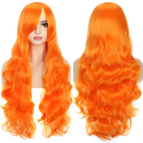 YEESHEDO Zitronen Orange Cosplay Perücke für Frauen Langes Gewelltes Haar Synthetische Perücken mit Pony für Halloween Party Kostüm Anime 32 Zoll 80 cm