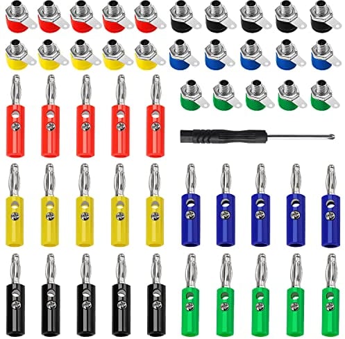 KUOQIY 50 Stück Bananenstecker Buchse Stecker, 4mm Binding Terminal Jack + Lautsprecher Bananenstecke, Mit Schraubendreher (25 Paar 5 Farben)