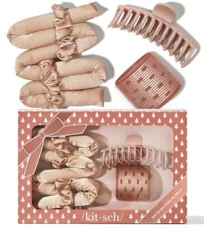 Kitsch Satin Mother's Day Gift Heatless Hair Styling - 5pc Set of Satin Heatless Curling Set, Ceramic Thermal Hair Roller & Claw Clip | Hair Styling Accessories, Champagne