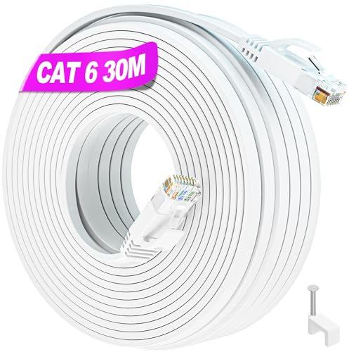 Soibke Cable Ethernet 30m Cat 6, Cable RJ45 Plat 30m Blanc Câble Réseau Extérieur, UTP Câble Internet 30 Mètres Impermeable Haut Débit Fibre 10/100/1000Mbit/s Gigabit Cable LAN Extra Long Cable Patch