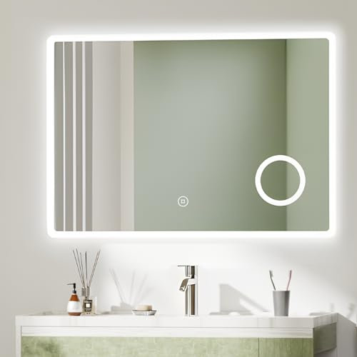 S'AFIELINA Bathroom Mirror with LED Lights 100 x 70 cm, Illuminated Backlit Wall Mounted Bathroom Mirrors with Shaver Socket and Demister Pad, 3X Magnifier, Horizontal