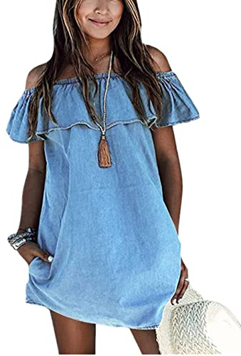 OQC Blaues Jeanskleid für Damen, schulterfrei, Rüschen, kurze Ärmel, lockeres Denim-Minikleid mit Tasche, Hell, blau, X-Groß