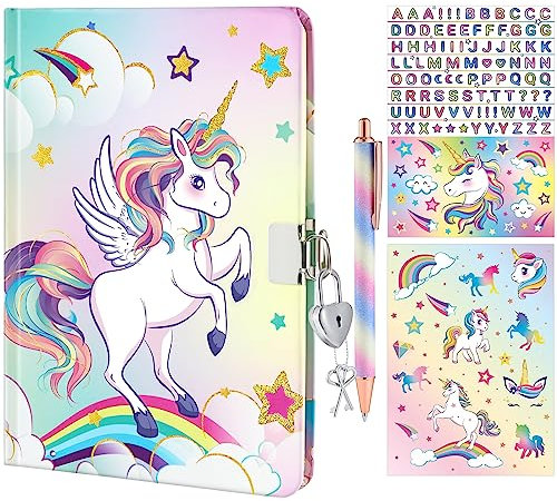 WERNNSAI Unicorn Journal Set - Glitter Notebook Gift for Girls Kids School Travel Private Diary A5 Memos Writing Drawing Notepad Ballpoint Pen Stickers Tape with Lock and Keys