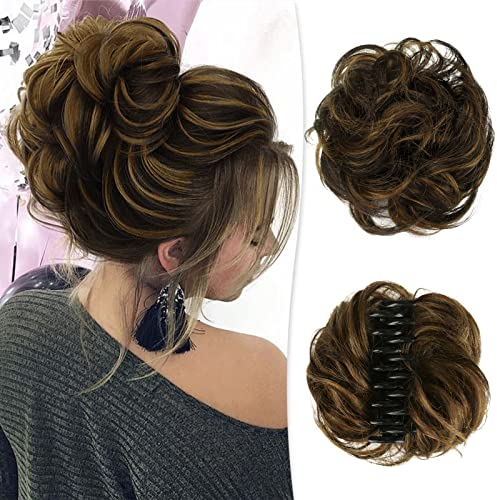 RUWISS Krallen Clip Messy Bun Haarteil Echthaar Wellig Lockig Chigno Haardutt Haarverlängerung Hochsteckfrisur Clip in Claw Haar Scrunchies für Damen(Dunkelstes Braun & Hellbraun)