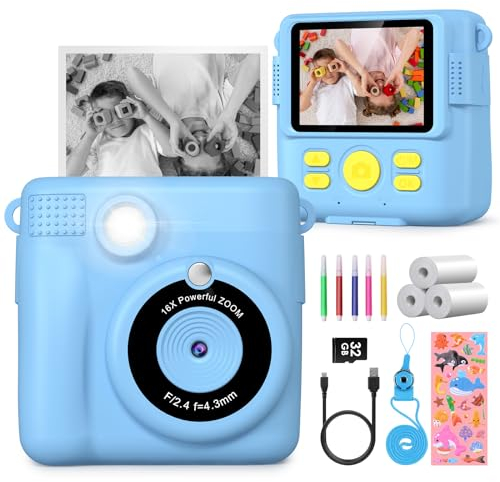 Gofunly Kinderkamera Sofortbildkamera, Sofortbildkamera Kinder 2,4 Zoll Bildschirm 1080P Videokamera Kamera Kinder Sofortdruck mit 32GB Karte & 3 Rollen Druckpapier Geschenk für Kinder 3-12 Jahren