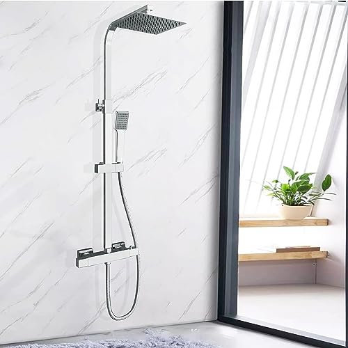 HAPAOSO Colonne de Douche Thermostatique, Set de Douche réglable en hauteur, Chrome, avec Douchette Carrée pour Salle de Bain