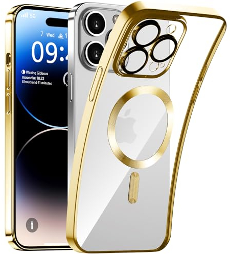 Kukiwhy Handyhülle für iPhone 14 Pro Max 6,7 Hülle mit Magsafe,Clear Starker Magnet Case mit Kameraschutz,Glänzende Beschichtung Kratzfeste Handyhülle iPhone 14 Pro Max - Gold