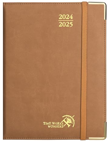 POPRUN Wochenplaner 2024–2025 (16,5 x 21,6 cm), akademischer Tages-, Wochen- und Monatskalender mit monatlichen Registerkarten und stündlichen Zeitfächern, veganes Leder, Hardcover, 100 dickes