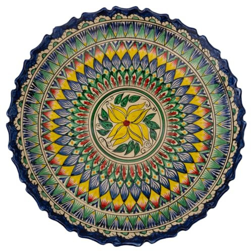 PODARI Lagan Rishtan Servierteller Keramik groß Ø 41 cm Machrob Blau-Gelb (zackiger Rand) - Usbekischer Keramikteller mit handbemaltem Design