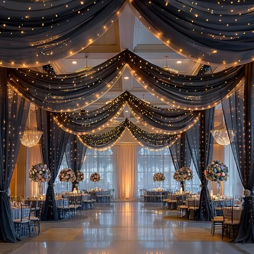 Black Ceiling Drapes with Lights String for Weddings, 6 Panels 5ftx10ft Sheer Tulle Backdrop Photo Background Drapes for Wedding Ceremony Birthday Party Arch Decoration