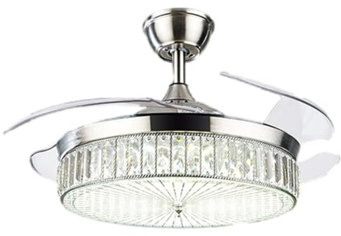 Fruid Crystal Ceiling Fan with LED Light,Modern Chandelier Ceiling Fan with Remote,4 Fan Blades Retractable Reversible 6 Speeds Ceiling Fan for Dining roomn Kitchen(42in(107cm), Silver)