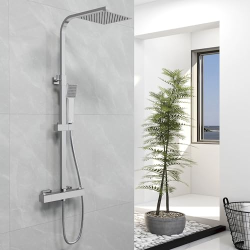 Biubiubath Thermostatic Shower Mixer, Anti-Scald Exposed Mixer Shower,Height Adjustable Riser Rail Kit, Square Handheld & 8 inches (200mm) Overhead Rainfall Shower,Chrome Silver
