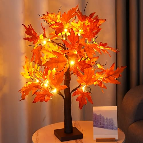 ACAREY Herbstdeko Lichterbaum Ahornblatt Baum Lichter mit 24 LEDs, Herbst Deko 60cm Lichterbaum Für Innen, Halloween Deko Baumlichter Für Tisch Herbstdeko Zum Aufhängen, USB& Batteriebetrieben