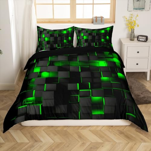 Loussiesd Grün und Schwarz Geometrisch Bettwäsche Set 155x220cm für Kinder Jungen Mädchen Geometrie Dekor Bettbezug Set Modern 3D Quadrat Bettwäsche Teenager Erwachsene, Weiches Mikrofiber