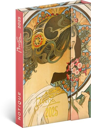 NOTIQUE Taschenkalender 2025 ca. A6, Terminplaner mit Magnetverschluss, Terminkalender, Wochenplaner, Buchkalender, Hardcover Wochenkalender (Alphonse Mucha)