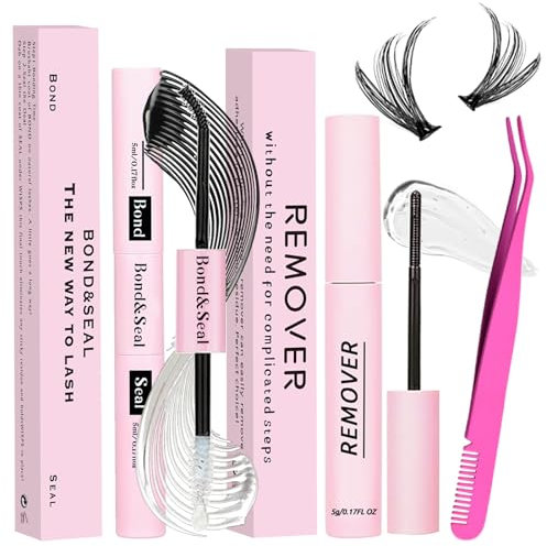 Qiveaory Lash Bond e Seal Kit 3Pcs DIY Lash Extension con Impermeabile Lashe Cluster Glue 72h Hold and Seal Lash Remover Pinzette per le Estensioni delle Ciglia Principianti Self Use a Casa