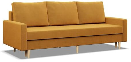 Mebligo - Sofa mit Schlaffunktion und Bettkasten Blank, 3 Sitzer Sofa 212 cm Breit, Schlafsofa, Ausziehbares Couch auf Holzfüßen,Schlafcouch - Gelb