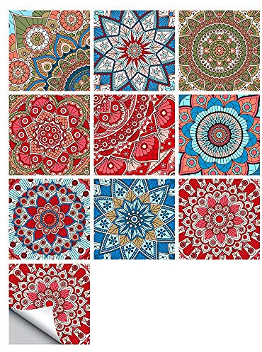 Tile Stickers, Self Adhesive Waterproof Moroccan Kitchen Bathroom Floor Wall Tile Sticker Mosaic Red Style Tile Transfers for Home Decors