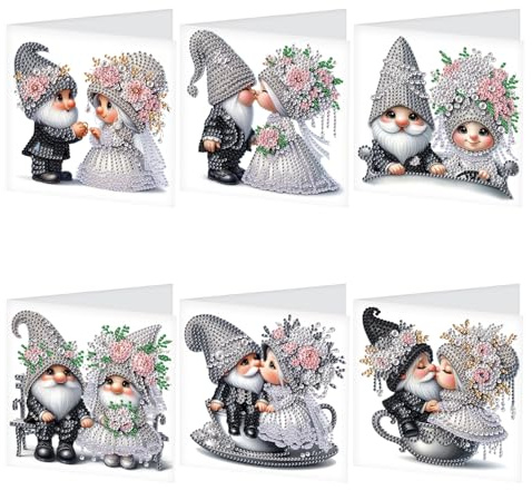 JISHSHAY 6 Pack Diamond Painting Grußkarten Wichtel Gnome Ehepaar Diamant Painting Bilder Hochzeitskarten Basteln Erwachsene Karte Danke Mosaik Bastelset Erwachsene Karte Geburtstag mit Umschlag
