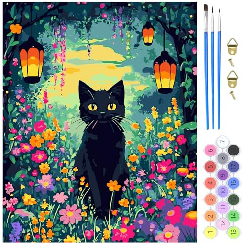 MXJSUA Peinture par Numéros pour Adulte, Chat Fleurs Jardin DIY Peinture Acrylique pour Adultes Débutants Facile sur Toile 40×50 cm avec peintures et pinceaux (sans Cadre)