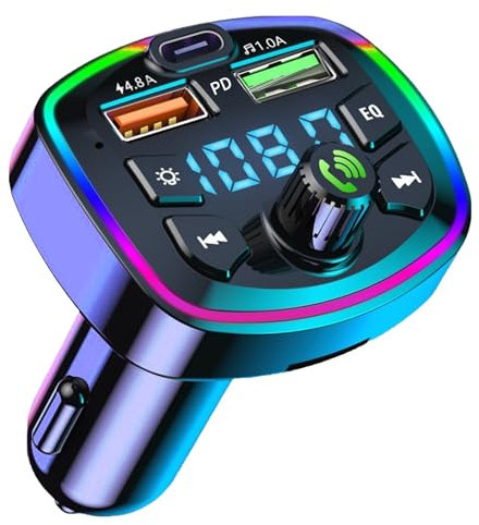 Transmetteur FM Bluetooth 5.0, Adaptateur Bluetooth Voiture Radio sans Fil, 2 Ports USB 4.8A et Charger Rapide Voiture PD Type C+QC3.0 20W, Kit Automobile Appel Mains Libres, EQ Musique, Disque U