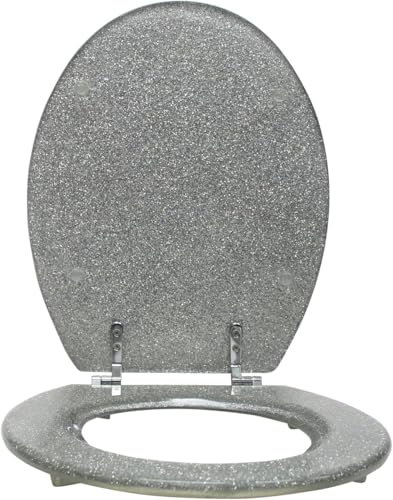 Yorkshire Homeware 18 Universal Toilet Seat | Toilets Oval Seat with Hinges & Parts | MDF Glitter Coating Toilet Seat | Soft Close Toilet Seat | Glittering Toilet Seats Bathroom Essential (Silver)