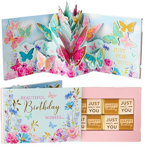 Patisserie Valerie 3D Pop-Up Pink Birthday Wishes Card with 8 Neapolitan Milk Chocolates - Elegant Birthday Cards for Women, Men, and Loved Ones - Unique 3D Card with Slide-Out Chocolate Tray