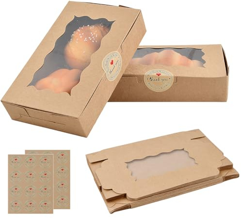20-Pack Kraft Paper Baking Boxes, Cookie Packaging Boxes, 17.8 x 11 x 3.9 cm, Rectangular Cake Boxes with Transparent Windows, Suitable for Home Baking, Party Pastries, Wedding Candies, Cupcake