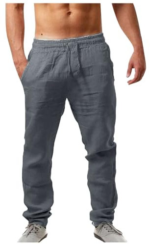 Pantalon Lin Homme Taille Elastique,Pantalons de Survêtement pour Hommes Grande Taille,Pantalon Slim Stretch,Pantalons Lin et Coton été Plage,Léger Décontracté,Coupe Droite avec Cordon De Serrage