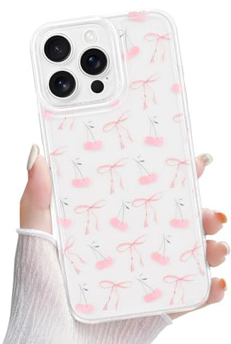 Newseego Clear Case for iPhone 16 Pro Max, Cute Aesthetic Stylish Pink Cherry & Ribbon Bow Pattern Phone Cover for Girls Women Thin Soft TPU Shockproof Protective Phone Case for iPhone 16 Pro Max