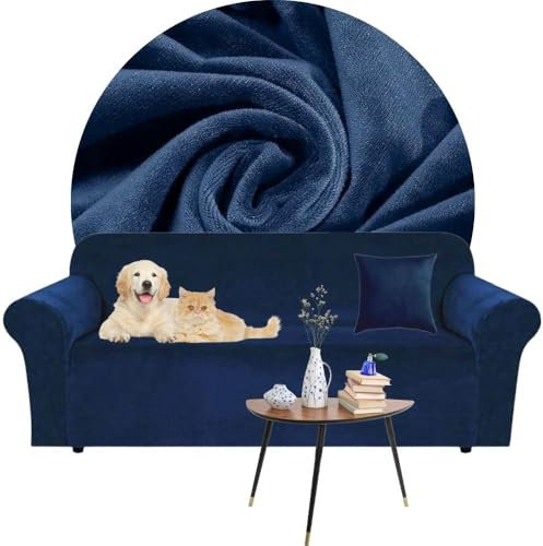 Domidekor - Sofa Überzug Dunkelblau - Couch und Sofabezug 2 Sitzer - Sofaüberwurf für Wohnzimmer - Sesselbezug Stretch - Elastische Samt Couchbezug - Breite 145-185cm - Oeko-Tex 100