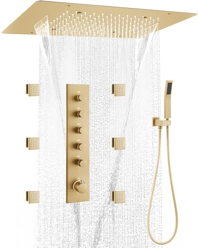 RomceBath Brushed Gold Waterfall Shower System 3 In 1 Multi Function Rainfall Ceiling 16 X 24 Inch Luxury Shower Head Brass 5-Way Thermostatic handle Faucet Valve with Handheld Full Body 6 Jet set