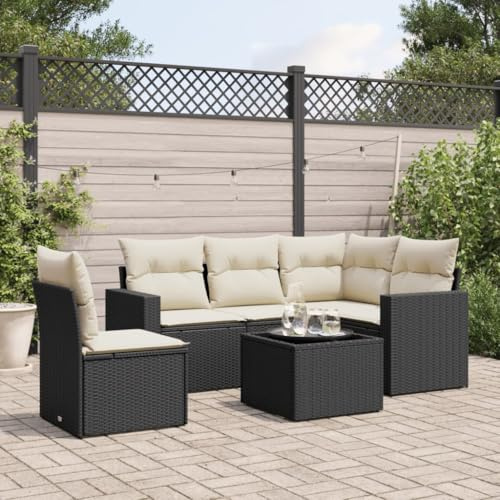 WDGJJFECNMUEHI 6-TLG. Garten-Sofagarnitur mit Kissen Schwarz PE-Rattan Outdoor Set, Eckcouch mit Stauraum & wasserfesten Bezügen, Glas-Tisch für Terrasse Balkon Garten, Wetterfest & UV-beständig