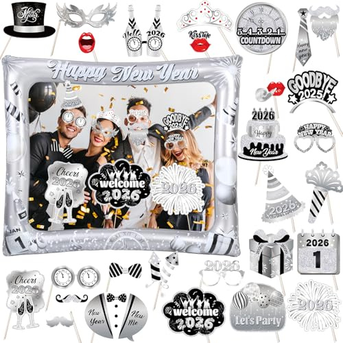 HOWAF Silvester Foto Requisiten 2026, Happy New Year Aufblasbarer Fotorahmen, Fotobox Accessoires, Neujahr Photo Booth Brille für Silvester Deko 2026, Happy New Year Deko, Set C, Silber