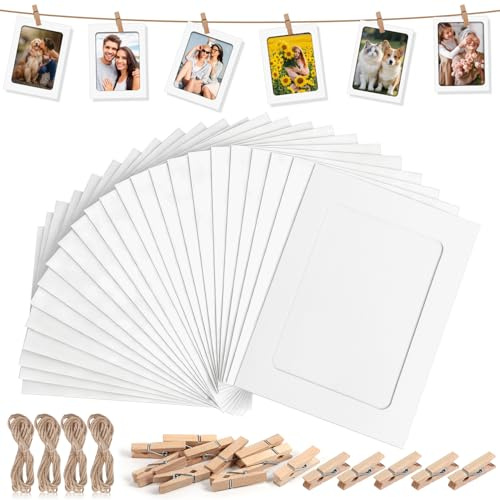 Niuny Fotogirlande Fotoseil Mit Klammern 40Stk 6 Zoll Bilderrahmen Pappe Weiß 4Stk Fotoleine mit Klammern Fotokette mit 40Stk Holzklammern Fotos Aufhängen für Geburtstag Hochzeit Party Jubiläum Deko