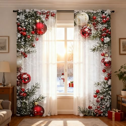 Weihnachtsvorhang, Blickdichte Vorhänge Weihnachten Deko Übergardinen 2er Set Verdunklungsvorhänge mit Ösen Schlafzimmer Wohnzimmer Küche Gardinen Thermovorhänge Kälteschutz, 100x220 cm (BxH)