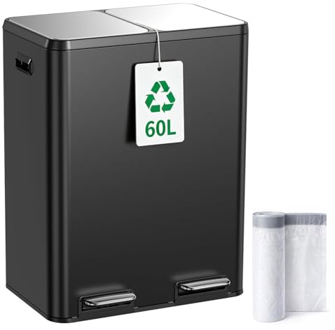 Kitchen Bin,60L Dual Rubbish Bin,2 x 30L Stainless Steel Pedal Bin,Double Bin Recycling with Soft-Close Lids and Plastic Inner Buckets,Fingerprint Proof,Odour Seal,Large Capacity, Matte Black