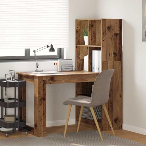 Foknhdi Schreibtisch mit Regal Altholz 122 x 67 x 145 cm Holzwerkstoff stabil und modern viel Stauraum für Home Office Gaming Büro Wohnzimmer
